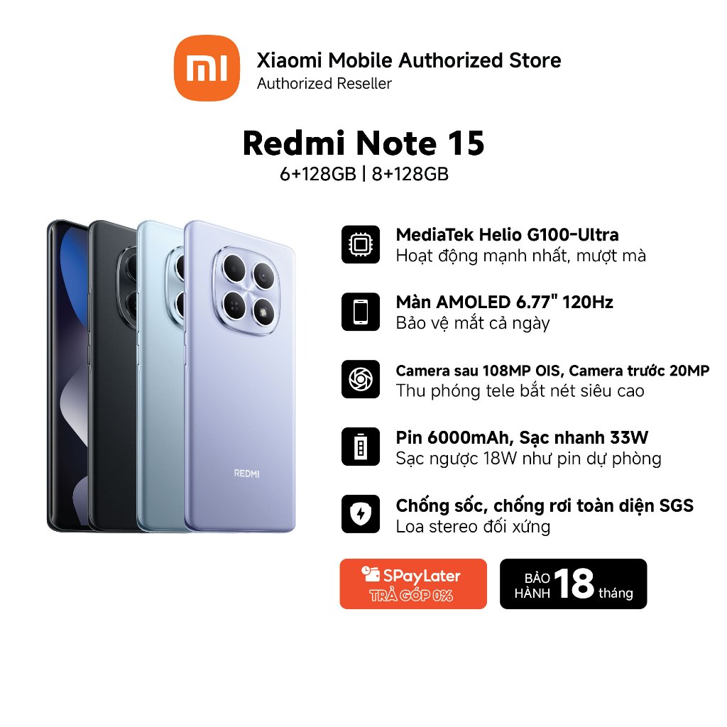 Điện thoại Redmi Note 15 (6+128GB) | Pin lớn 6000mAh | Màn hình siêu bền | MT Helio G100-Ultra | BigBuy360 - bigbuy360.vn