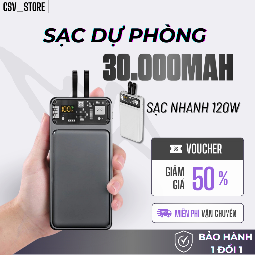 Pin Dự Phòng 30000mAh | Sạc Nhanh 120W | Tích Hợp 2 Dây Sạc | Màn Hình LED Hiển Thị % Pin