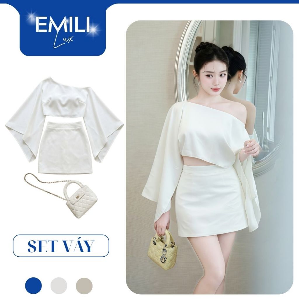 Set áo lệch vai tay xẻ mix chân váy chữ A Emili Lux set áo lệch vai croptop mix chân váy [B165]