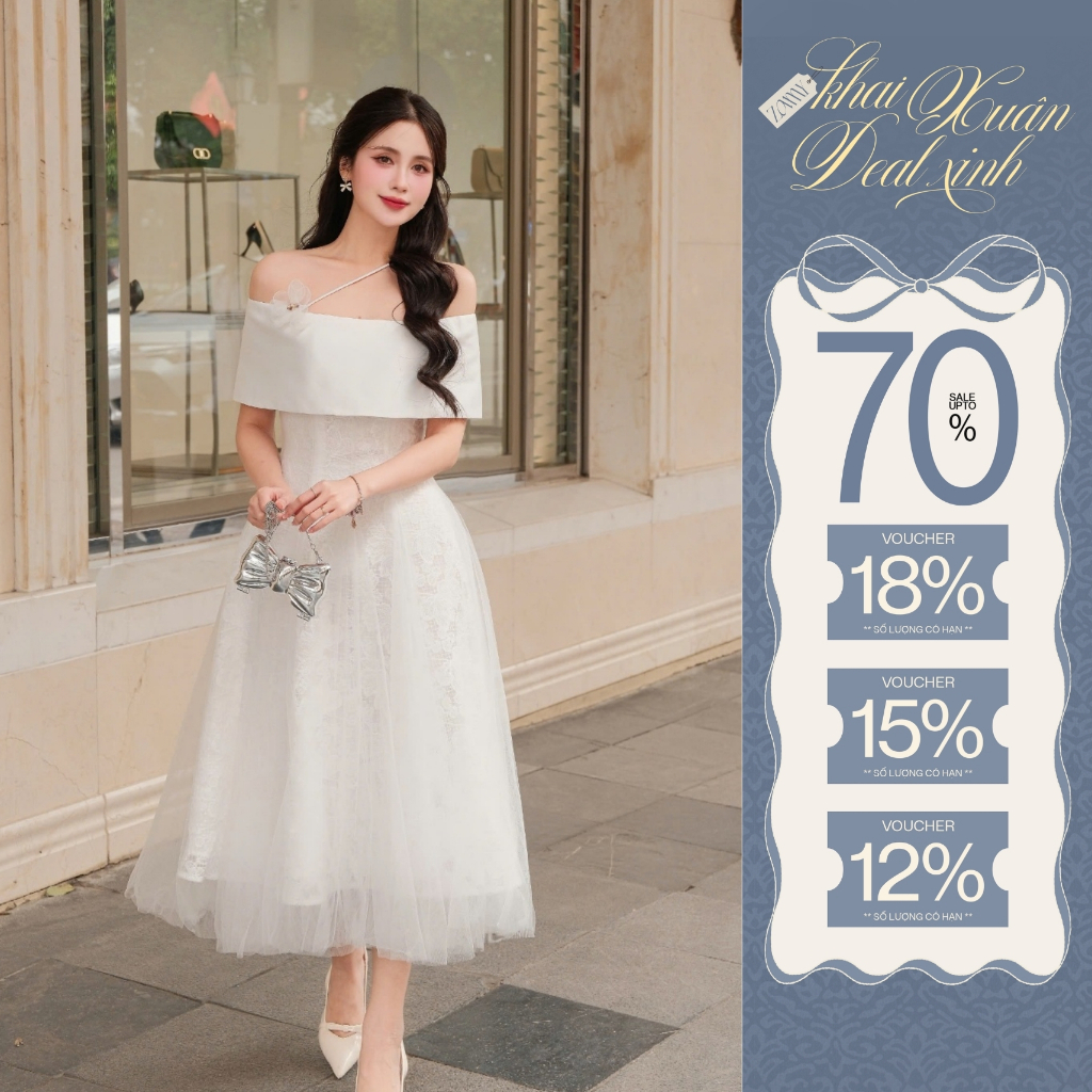 ZAMY SHOP – Váy TK Zen Phối Voan Dáng Dài Trễ Vai Bản Có Dây Vắt Chéo Tiểu Thư Dịu Dàng, Thanh Lịch