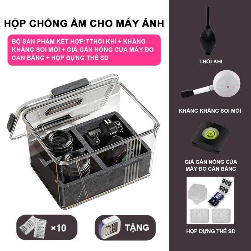 Bao gồm tủ chống ẩm, đệm chống sốc, ẩm kế và chất hút ẩm - Bộ sáu món chuyên dụng hút ẩm cho máy ảnh DSLR, mirrorless