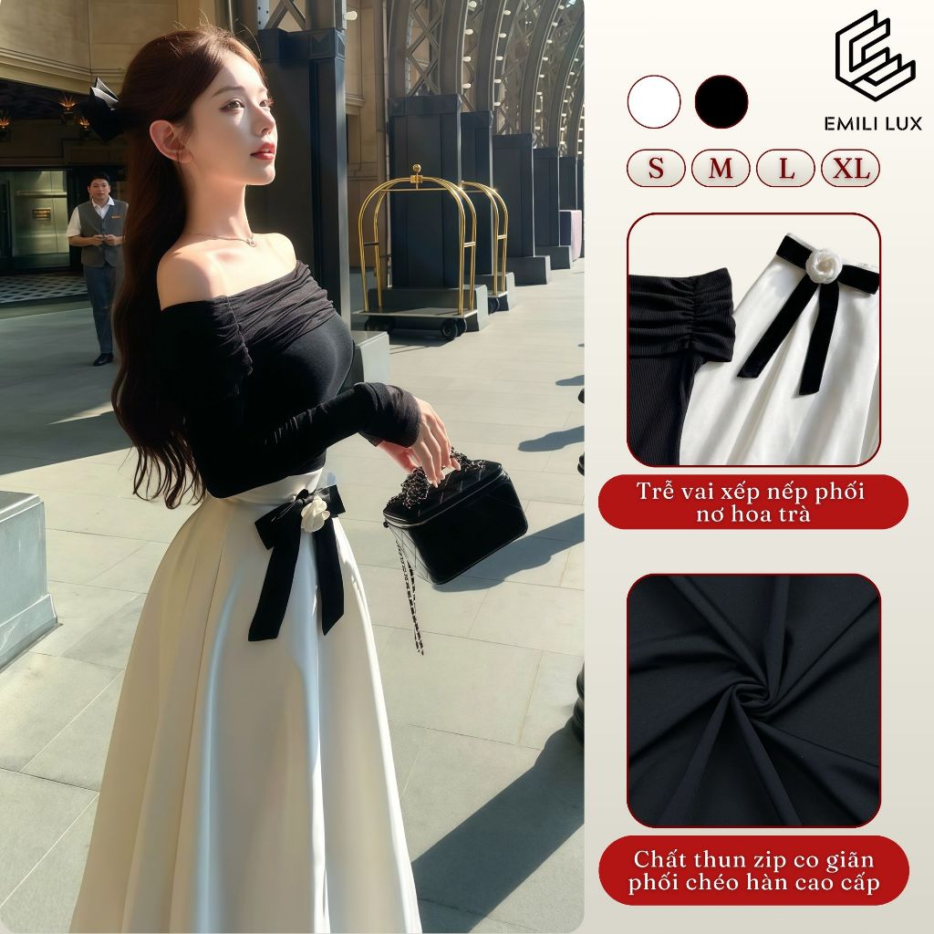 Set áo trễ vai tay dài và chân váy trắng xòe đính nơ Emili Design sang trọng đi chơi, đi tiệc [B183]
