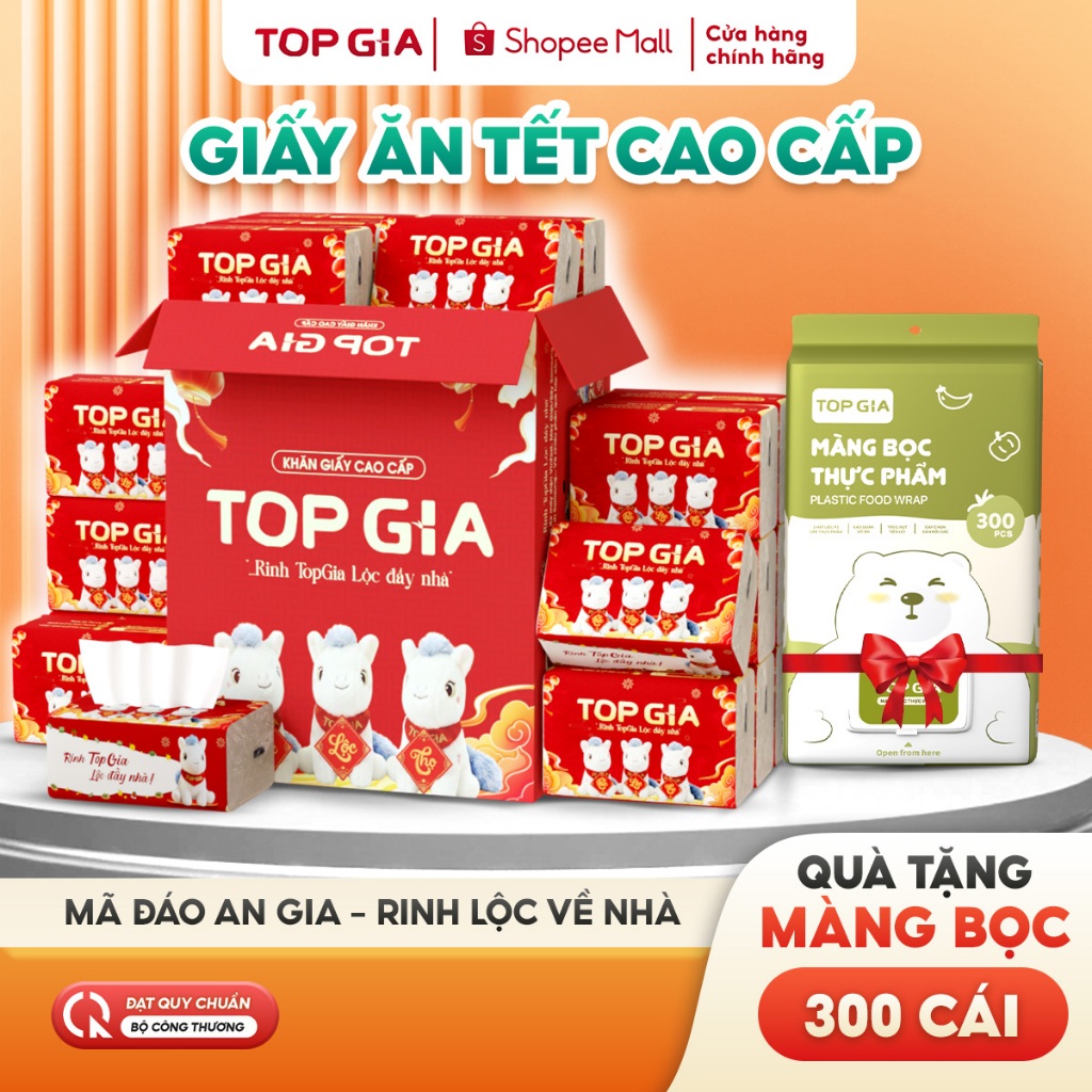[TẶNG MÀNG BỌC] Giấy ăn TopGia Tết thùng 20 gói cao cấp 4 lớp vân 4D chắc chắn, mềm mịn, thấm hút