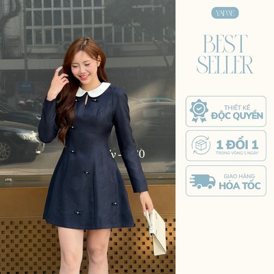 Váy Nữ Thiết Kế YAME Màu Xanh Than Cổ Sen Trắng Dáng Xòe Dài Tay Đính Nơ Cut-out Cách Điệu YV838