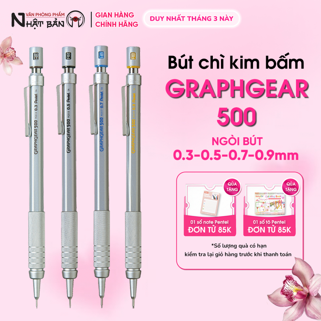 Bút chì kim Pentel Graphgear PG 500 bút chì cơ kim loại cao cấp, chuẩn nét kỹ thuật