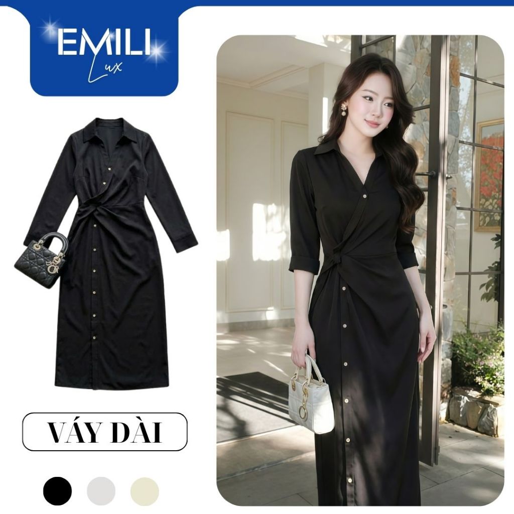 Đầm sơ mi đen dài tay dáng dài Emili Lux đầm sơ mi cúc chéo xoắn eo tôn dáng đi làm đi chơi V564