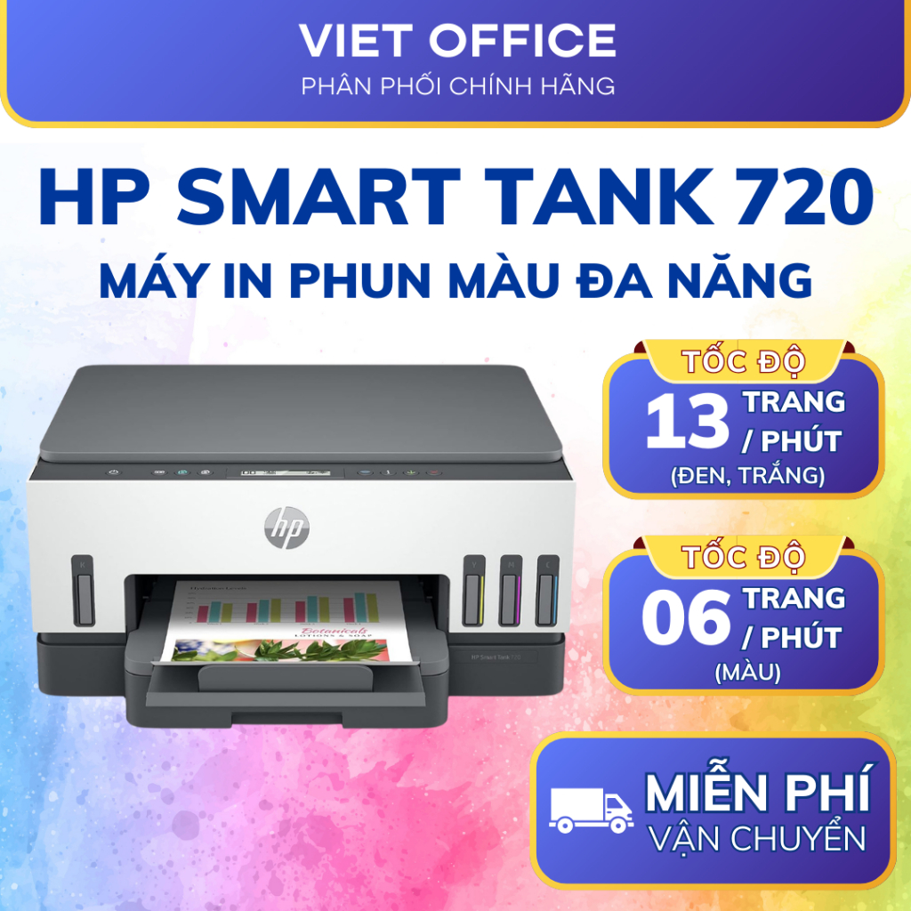 Máy in HP Smart Tank 720 All-In-One, Máy in màu đa năng, tiết kiệm mực, in 2 mặt tự động