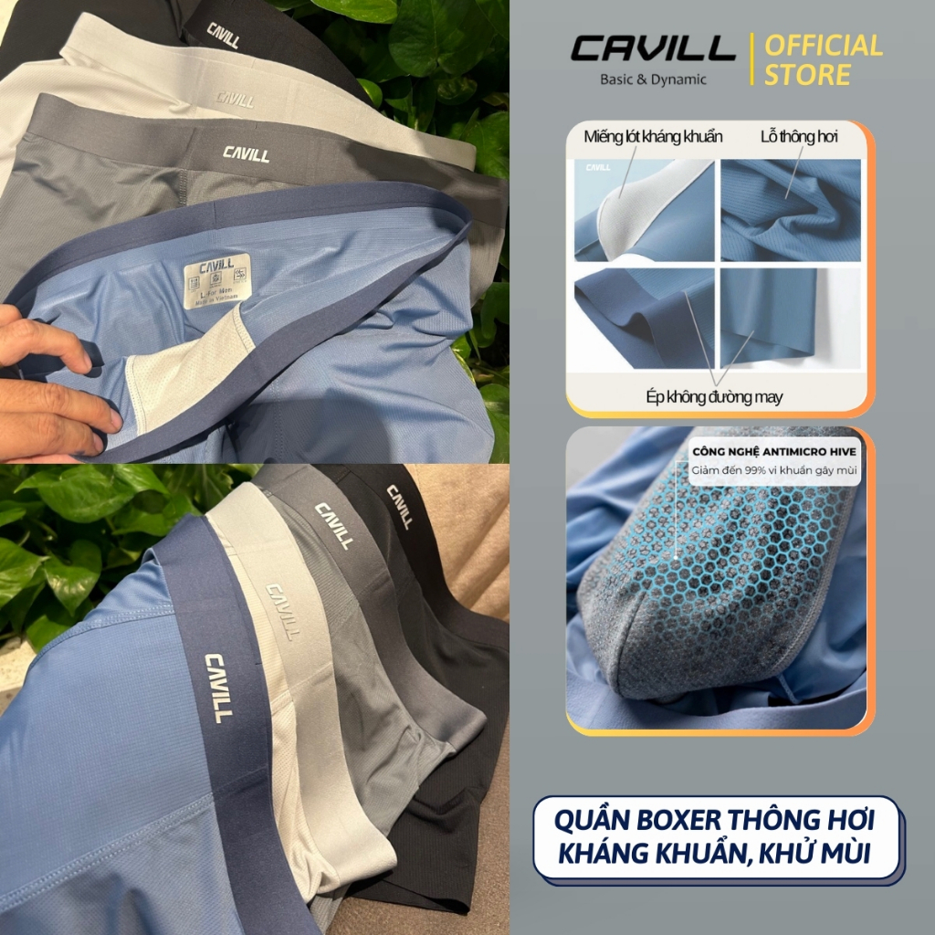 Quần lót Boxer nam CAVILL. Chất vải thông hơi, kháng khuẩn, khử mùi công nghệ Seamless không đường m