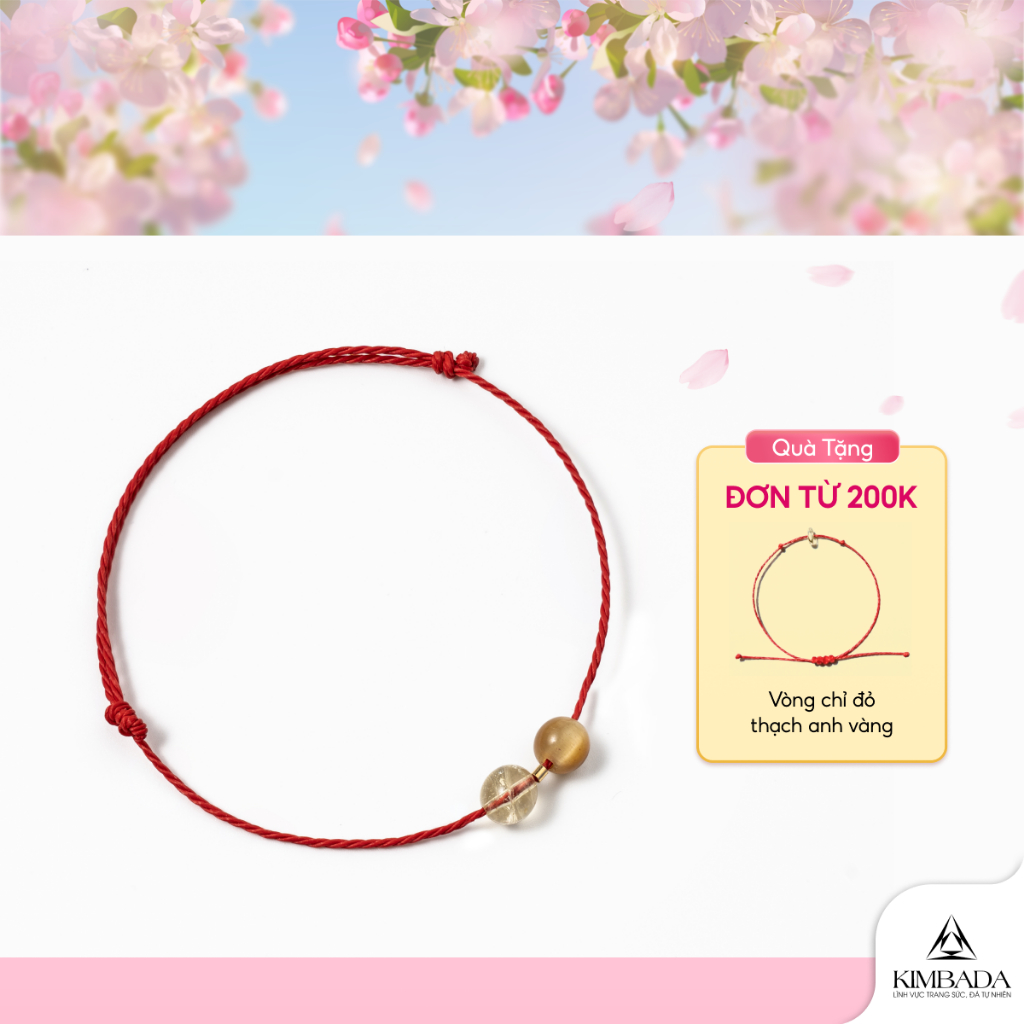 Vòng tay chỉ đỏ mix 2 viên đá thạch anh tự nhiên Kimbada phong thuỷ handmade tinh tế