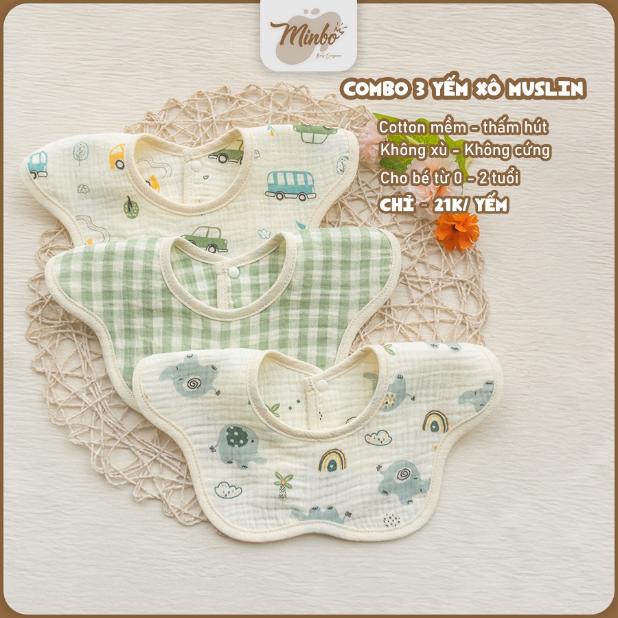 Combo 3 Yếm tròn xô Muslin MINBO, yếm xô 4 lớp hình bông hoa xoay 360 độ mềm mại thấm hút cho bé