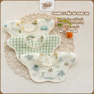 Combo 3 Yếm tròn xô Muslin MINBO, yếm xô 4 lớp hình bông hoa xoay 360 độ mềm mại thấm hút cho bé