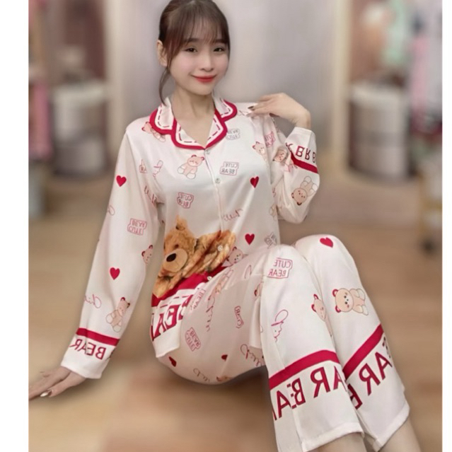 Pyzama TD _Đồ bộ ngủ nử mặc nhà  lụa Latin cao cấp tay dài in thỏ dể thương  - xưởng may thanh thảo