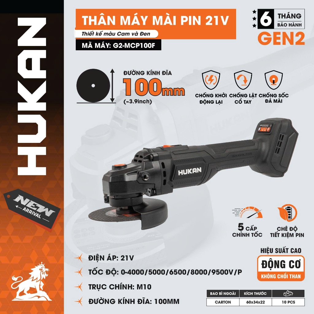 Máy cắt mài góc pin HUKAN G2-MCP100F, 5 mức chỉnh tốc độ - Chống khởi động lại - Chống sốc đá