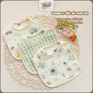 Combo 3 Yếm vuông xô muslin MINBO, yếm xô 5 lớp mềm mại thấm hút nhanh cho bé trai bé gái