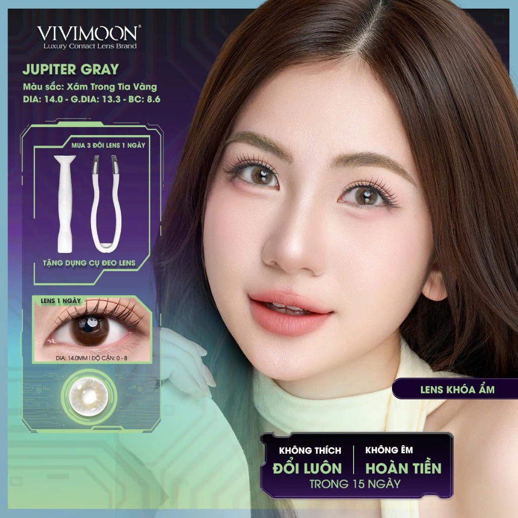 VIVIMOON lens cận khóa ẩm 1 ngày, công nghệ MPC cao cấp, kính áp tròng Jupiter Gray màu xám trong ti
