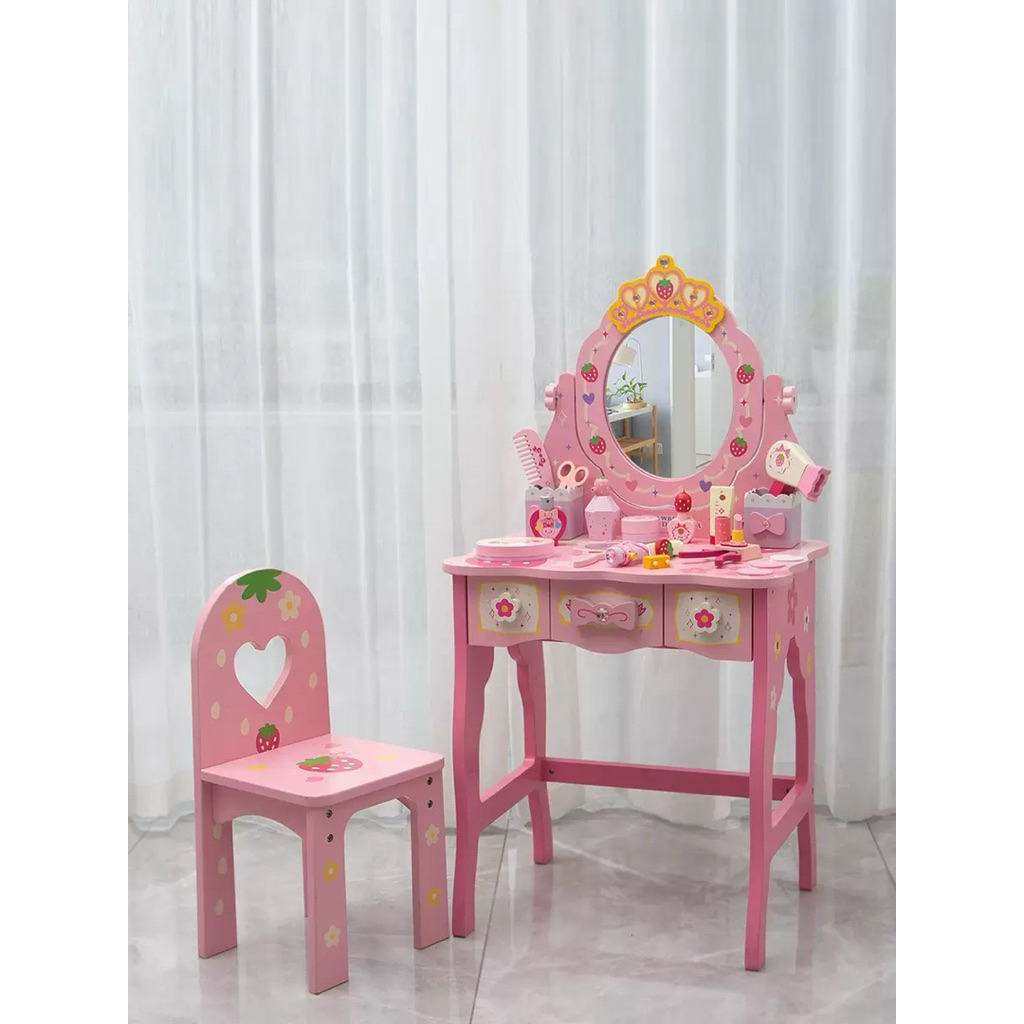 Set Bàn ghế Trang điểm Dâu tây - Full Chi tiết Cao 98cm Bằng gỗ cho bé | 𝐒𝐇𝐎𝐏 𝐌𝐄 𝐎𝐂