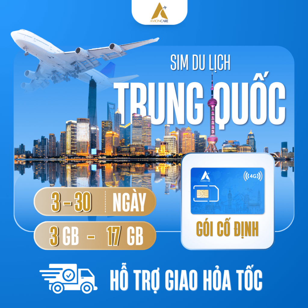 SIM Du Lịch Trung Quốc 4G China Unicom | Data 3GB–17GB | 3–30 Ngày | SIM Trung Quốc | AvionCare Tặng