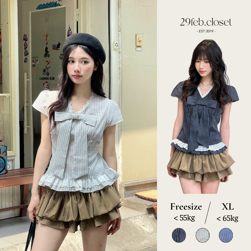 Áo sơ mi nơ kẻ sọc cổ tim phối ren kèm xinh xắn, Áo kiểu bèo gấu dễ thương thời trang - 29feb.closet - A560 | BigBuy360 - bigbuy360.vn