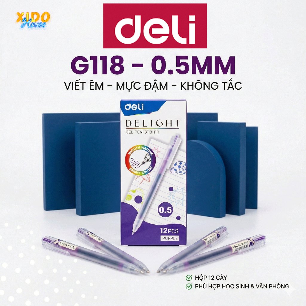 Hộp 12 cây Bút gel Deli G118, 3 màu mực, ngòi 0.5mm – VPP.XIDO