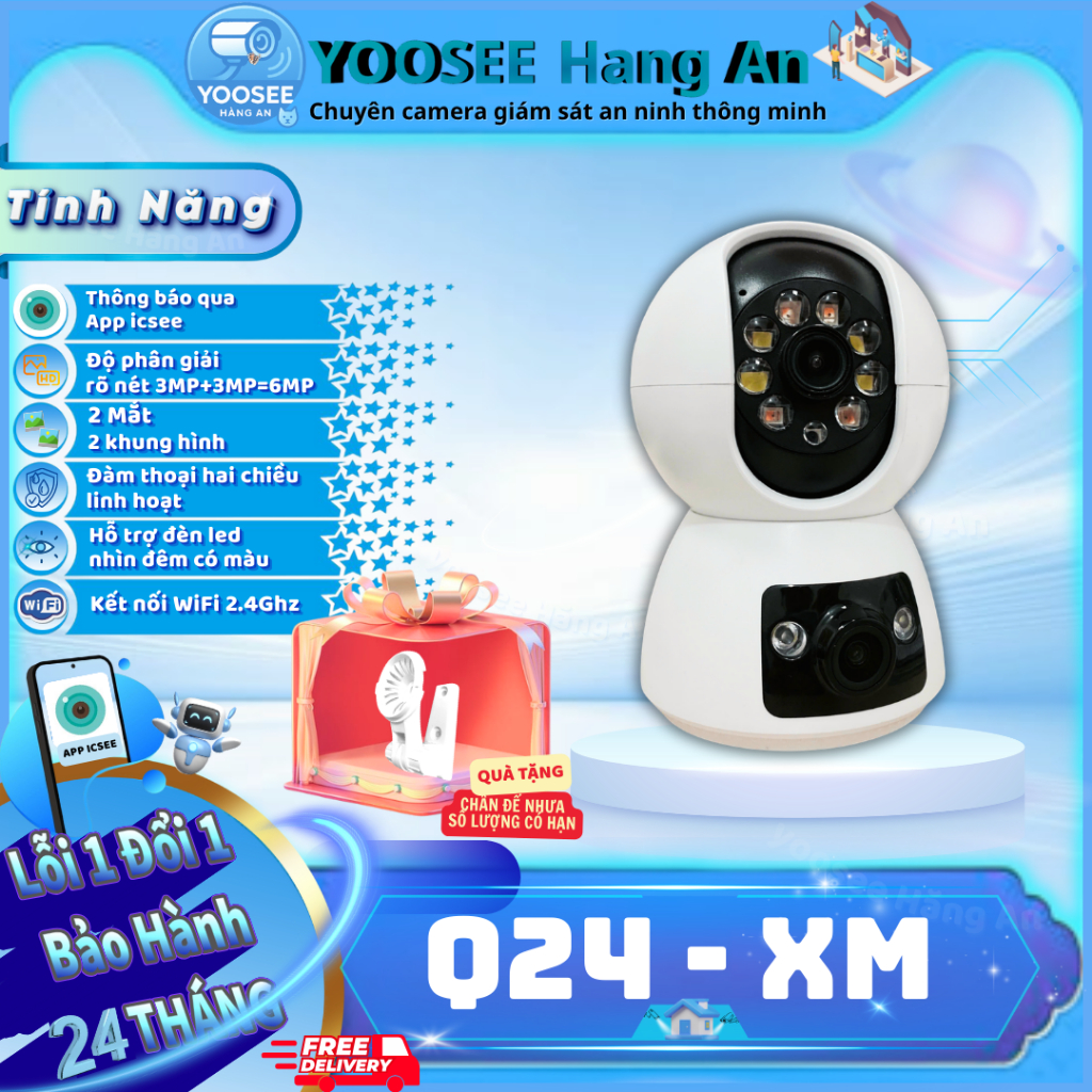 Camera trong nha Q24-XM ICSEE đàm thoại 2 chiều xoay chuyển động 360 độ ban  đêm có màu
