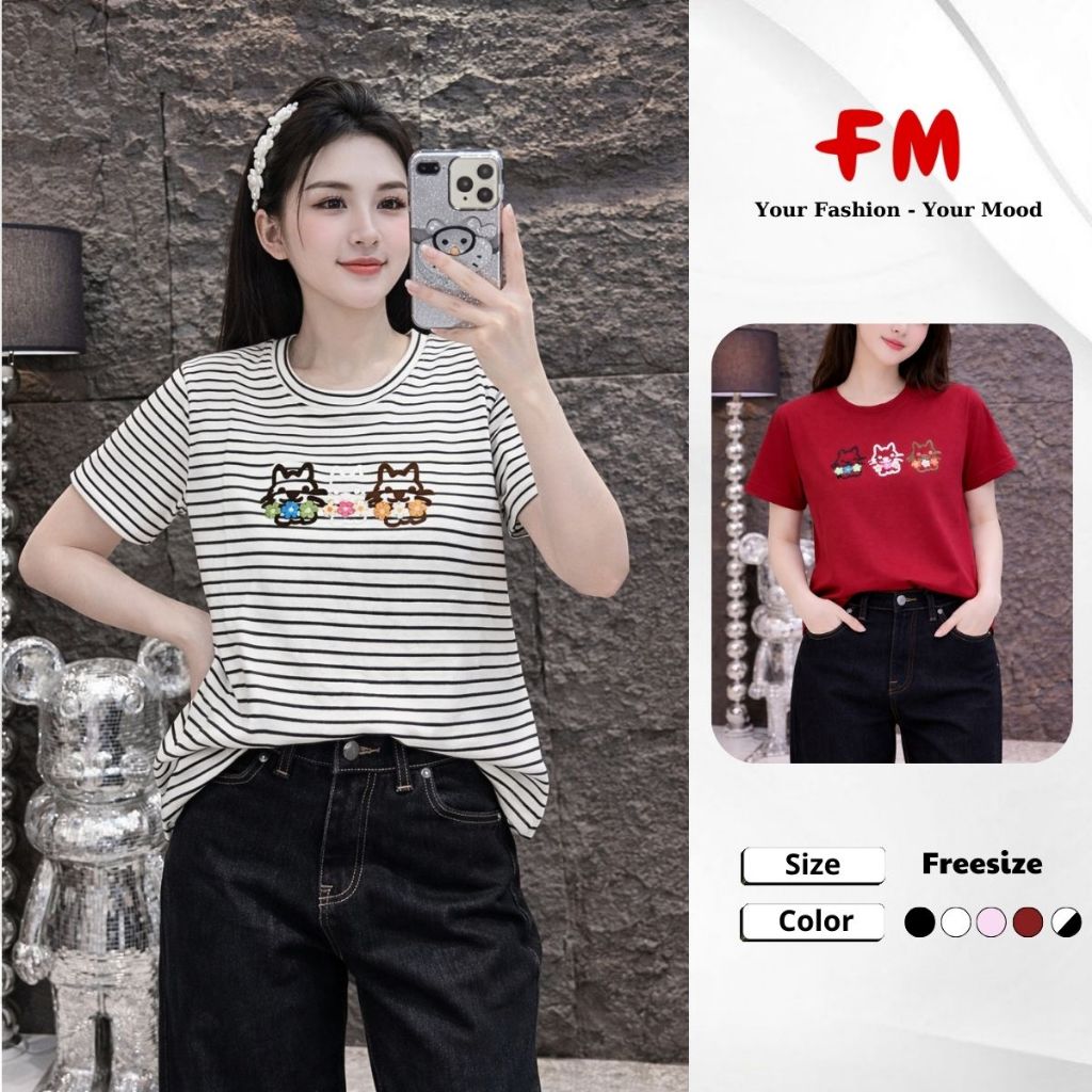 Áo Thun Nữ Tay ngắn FMSTYLE Thêu 3 Chú Mèo Dễ Thương ,Form Babytee Phối Đồ Xinh 26020225