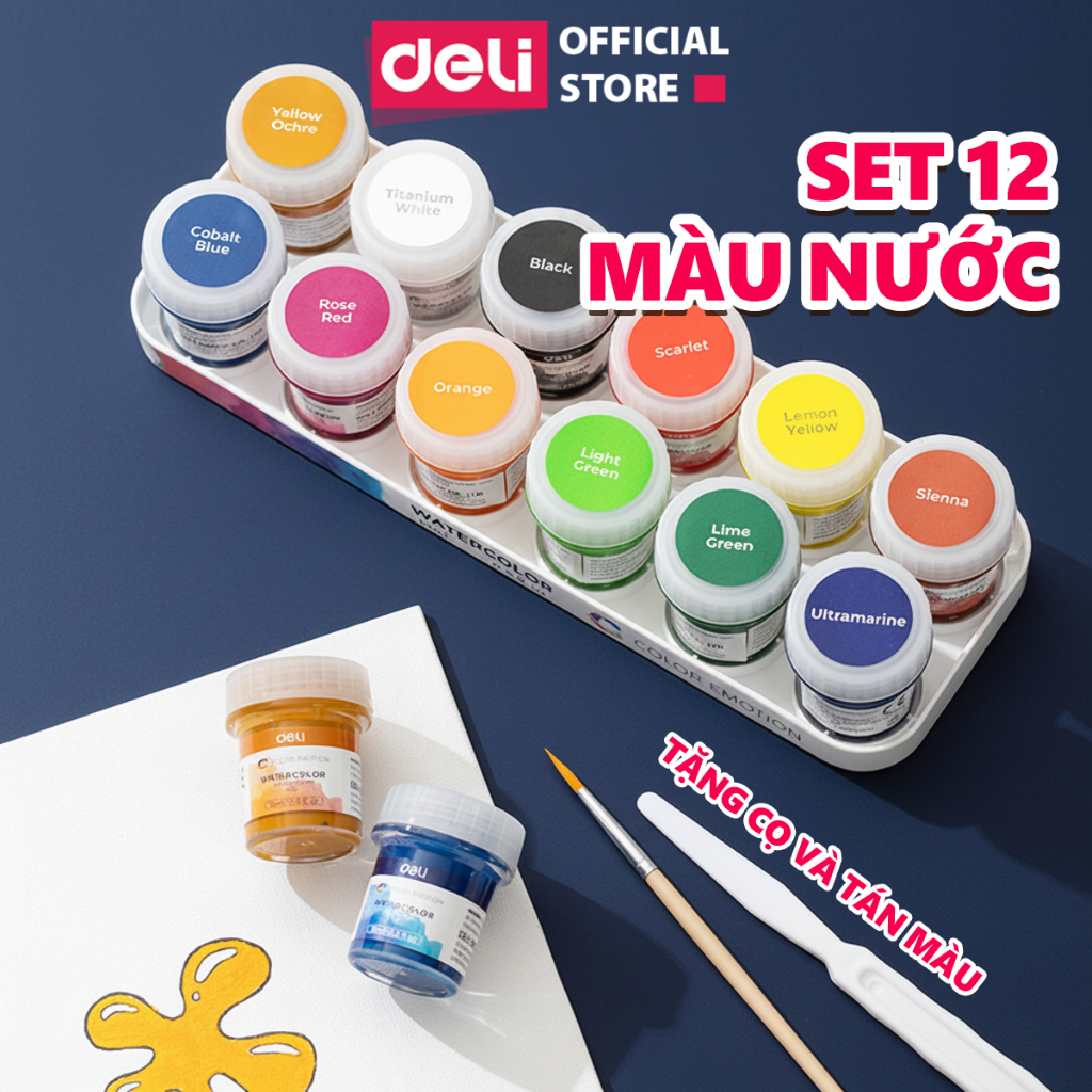 [TẶNG CỌ+TÁN] Set Màu Nước Dạng Hũ 15ml Chính Hãng Deli, Màu Nước Đẹp, Tô Màu Vẽ Tranh Custom Màu Tươi Sáng Đẹp Mắt