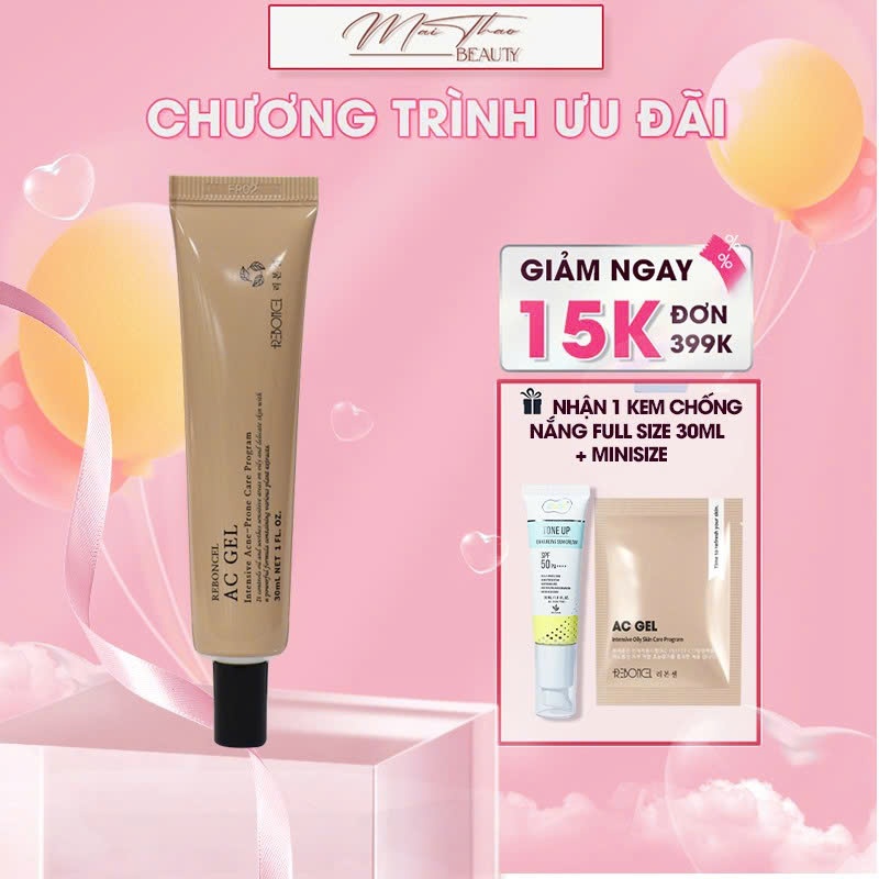 Reboncel  Gel làm giảm mụn, dịu da AC Gel 15ml tặng KCN Evor