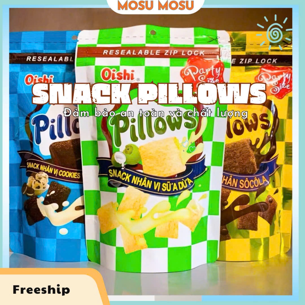 Snack Pillows Oishi, Bánh Nhân Kem Oishi Nhân Sữa Dừa - Socola - Kem Vani Gói 85G
