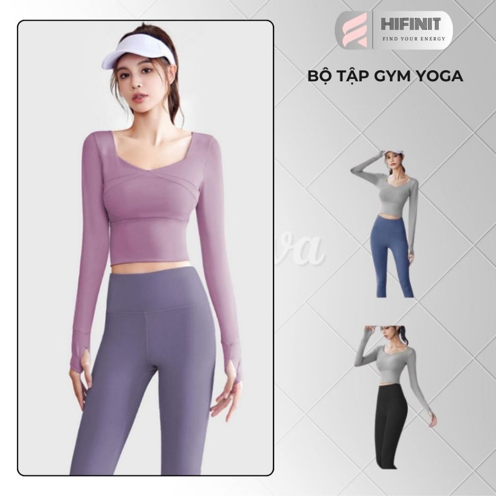 HIFINIT,Set Đồ Tập Nữ Áo Dài Tay Quần Dài,Chất liệu co giãn Nâng mông ,Tập Gym Yoga  Pilates Tôn dán