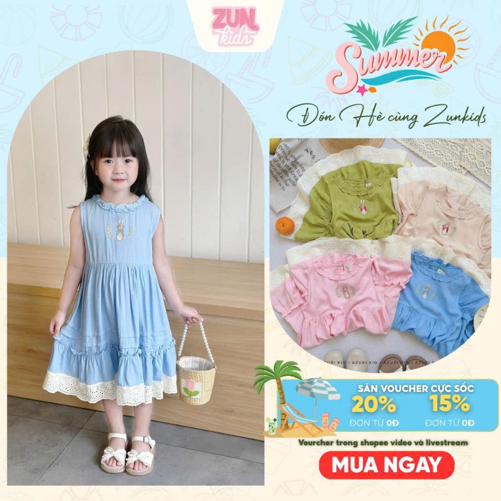 Đầm Bé Gái Thêu Hình Thỏ AZD533 – Váy Lolita Vintage Phối Ren, Chất Linen Lụa Mềm Mịn Dễ Thương