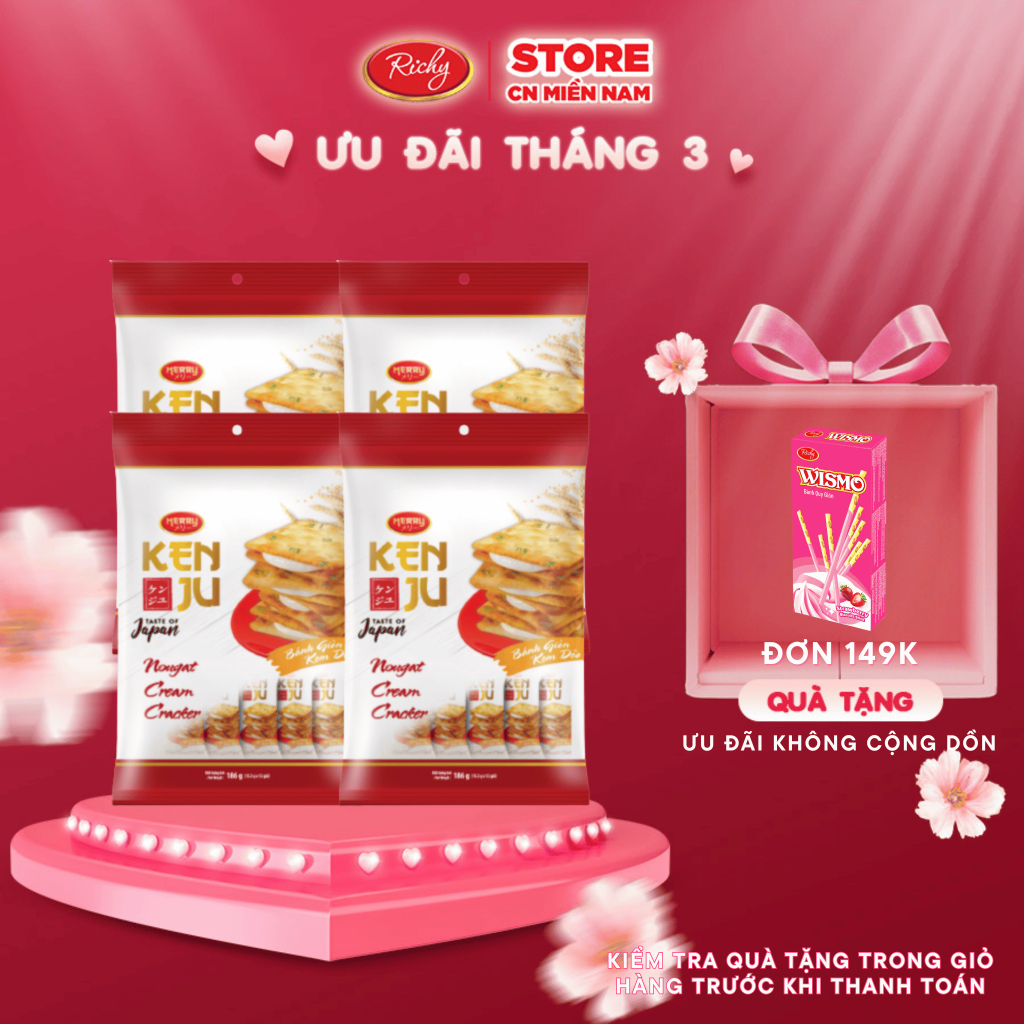 Combo 4 túi bánh quy kem dẻo Kenju 186g, Bánh Quy Nougat, Bánh Kẹo Richy