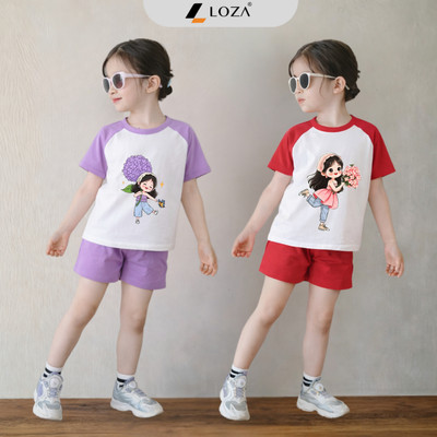Bộ đồ cộc tay in hình bé gái cute chất liệu thun cotton 95% size từ 15-45kg - Quần áo trẻ em nữ Loza Kids BD014