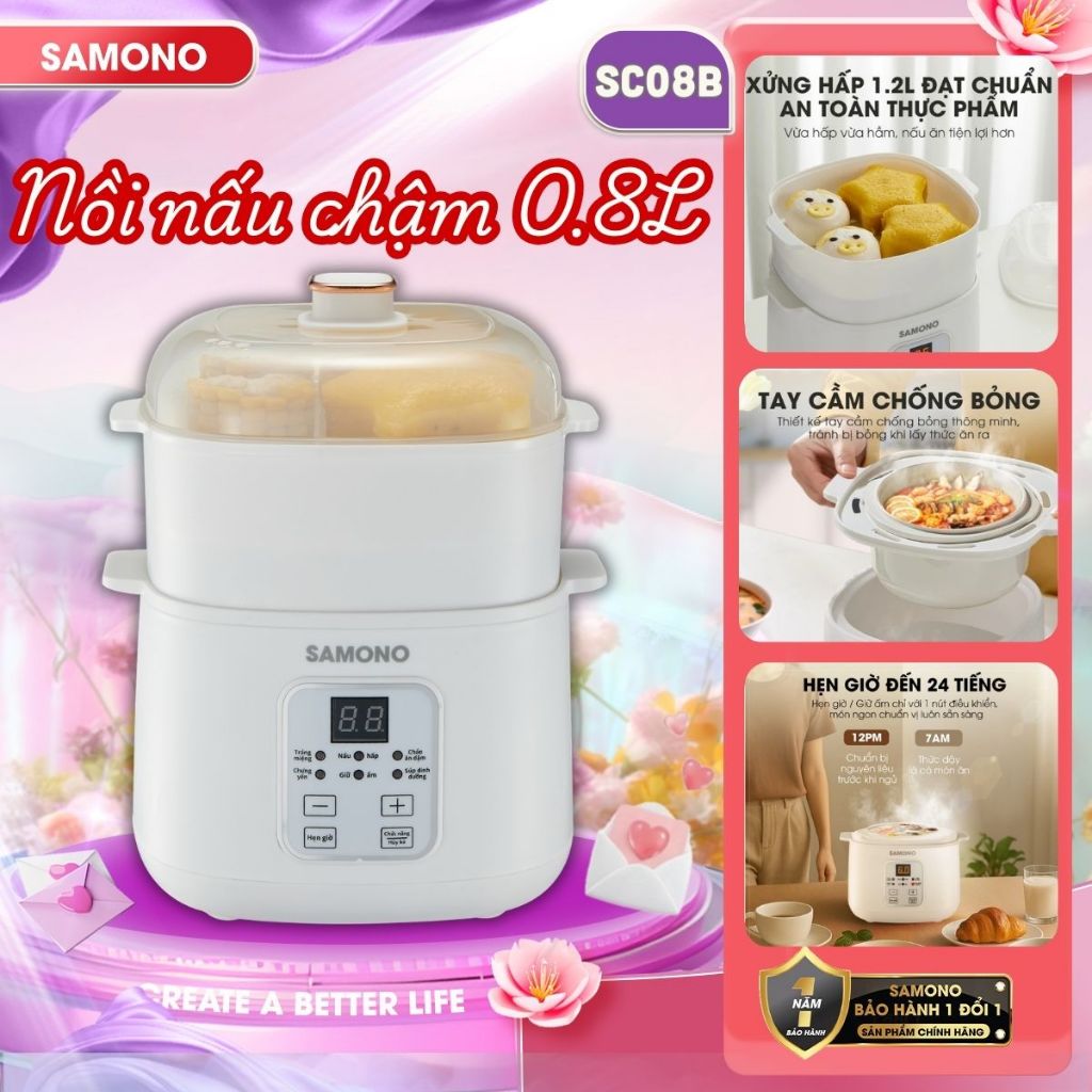 (MỚI) Nồi nấu chậm đa năng 0.8L Samono SW-SC08B, kèm lồng hấp,thố sứ,hẹn giờ 24h, Nấu Cháo, Chưng Yến, hầm, giữ nhiệt