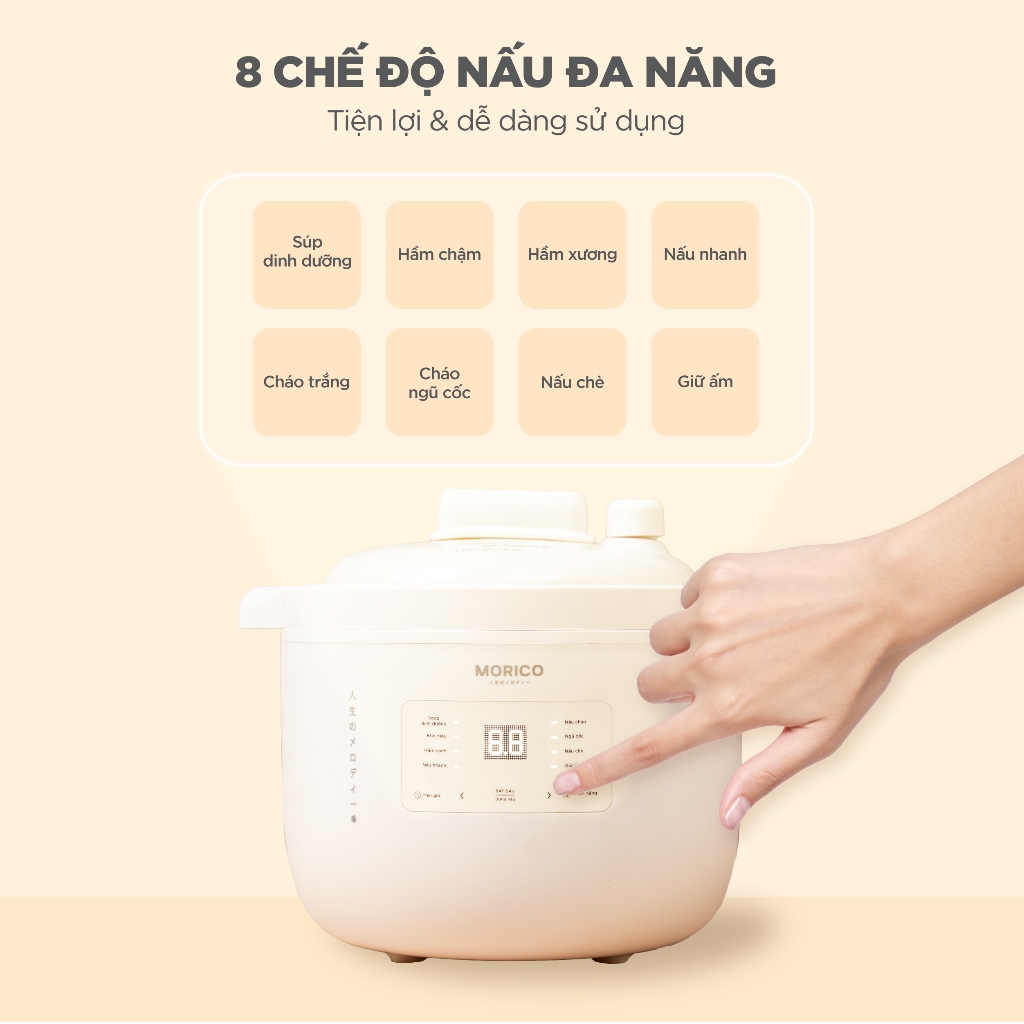 Nồi Nấu Chậm MORICO MS6008 Dung Tích 2.5L _8 Chế Độ Nấu, Lòng Gốm Ceramic, Hẹn Giờ Giữ Ấm, Nồi Kho Hầm, Nấu Cháo