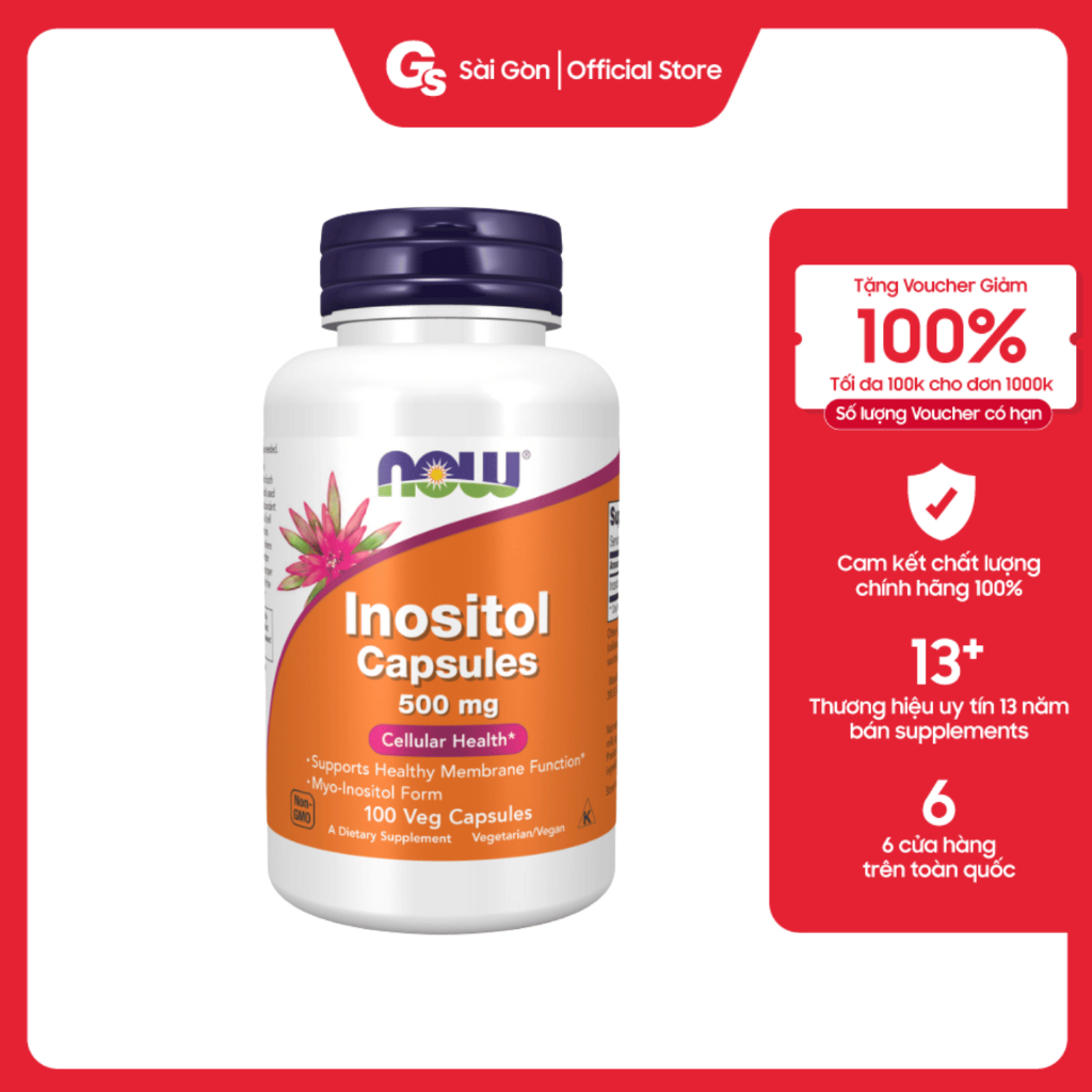 Viên uống Inositol Now (100 viên) giúp bổ trứng, hỗ trợ PCOS, giảm kháng insulin, stress