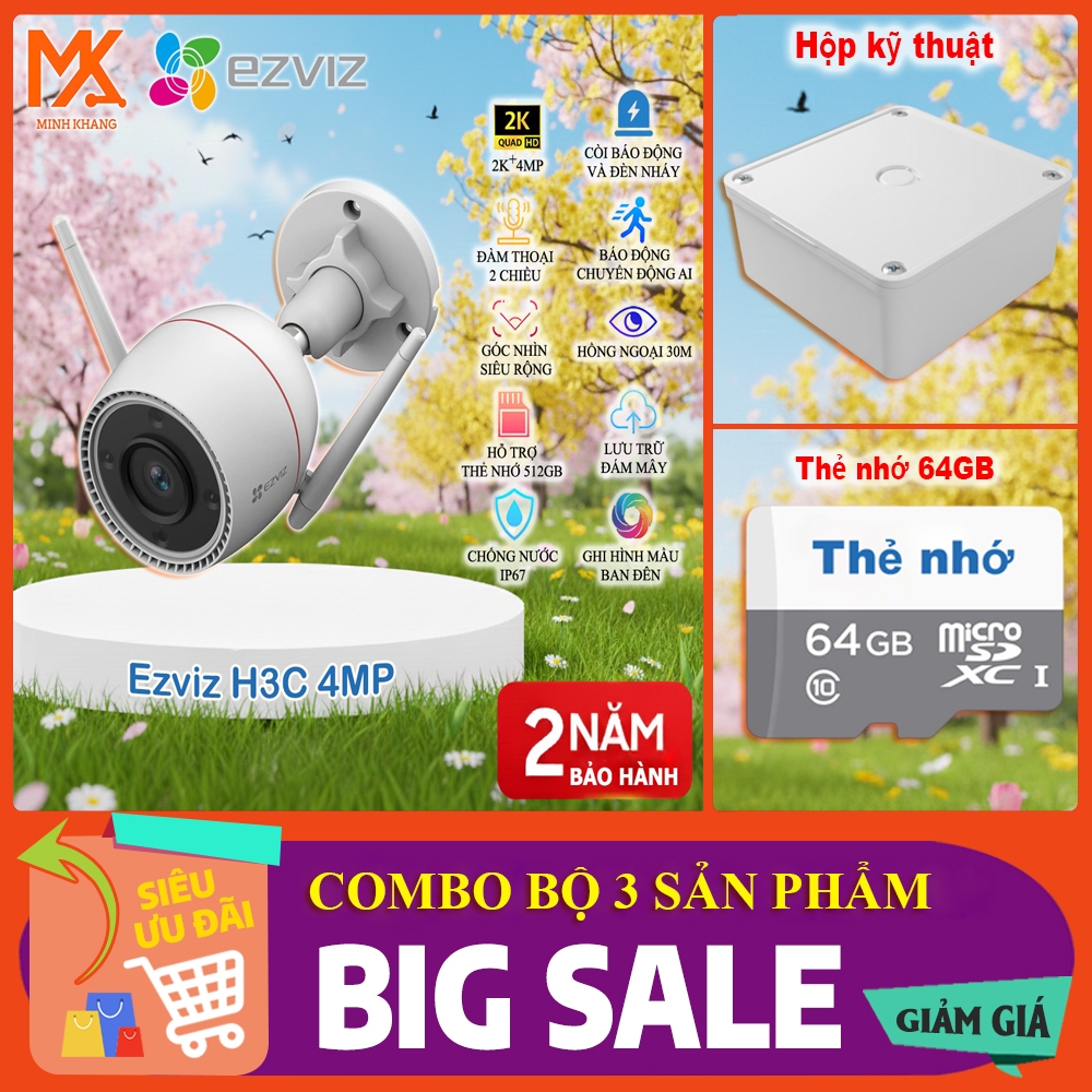 Combo Camera Ezviz H3C 2K+ 4MP Kèm Thẻ Nhớ (64GB/128GB) + Hộp Kỹ Thuật Đế Vuông – Chính Hãng