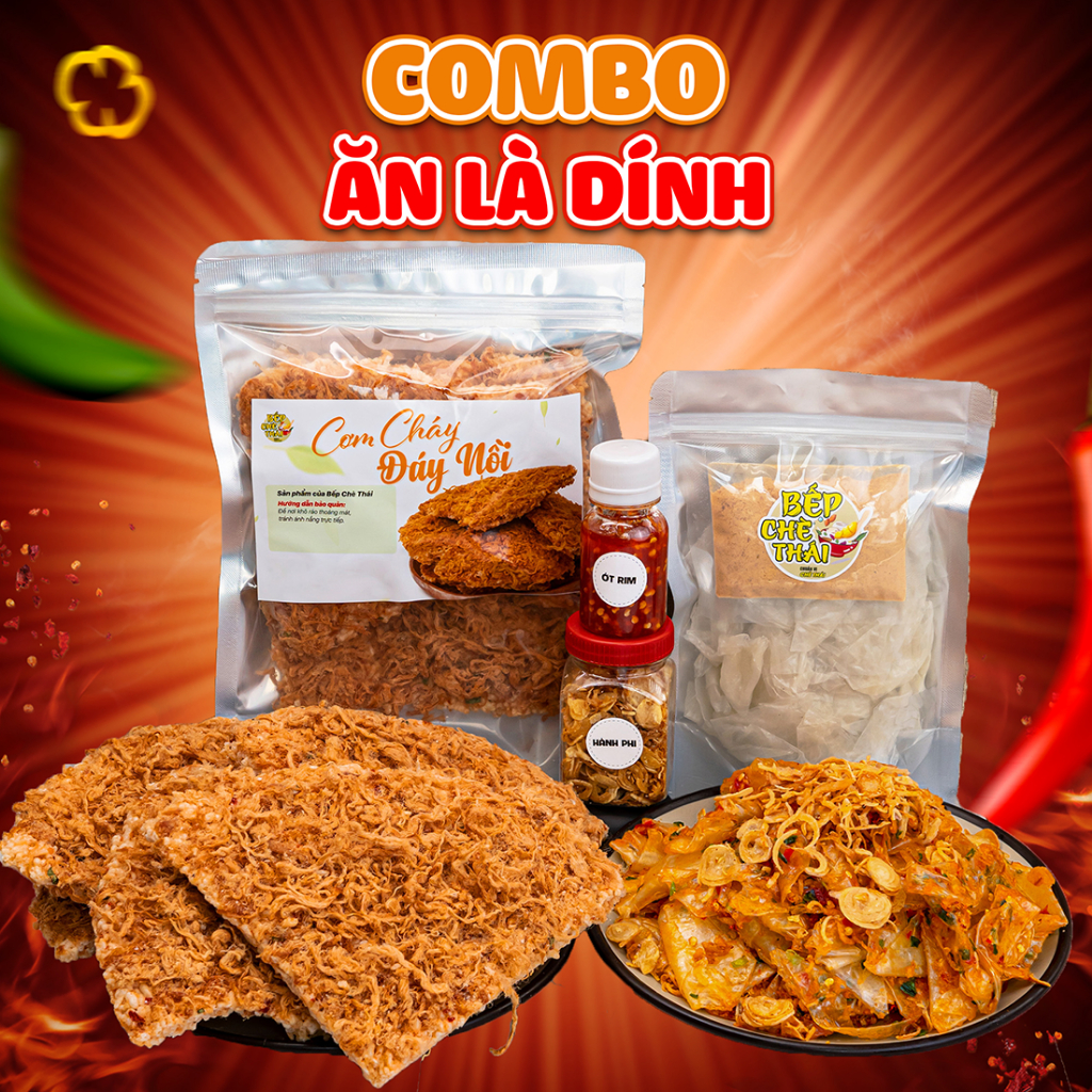 COMBO ĂN LÀ DÍNH (200g cơm cháy chà bông + set bánh tráng muối sặc nhỏ) - ăn vặt tuổi thơ