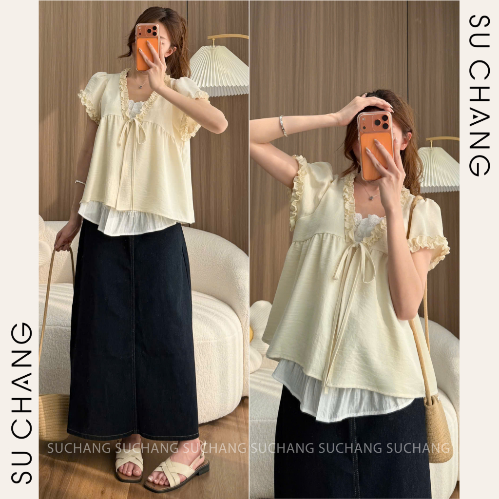 Áo Babydoll Viền Bèo Cộc Tay Nơ Ngực Phối Ren Boi Trắng Su Chang A848 Thời Trang Nữ | BigBuy360 - bigbuy360.vn