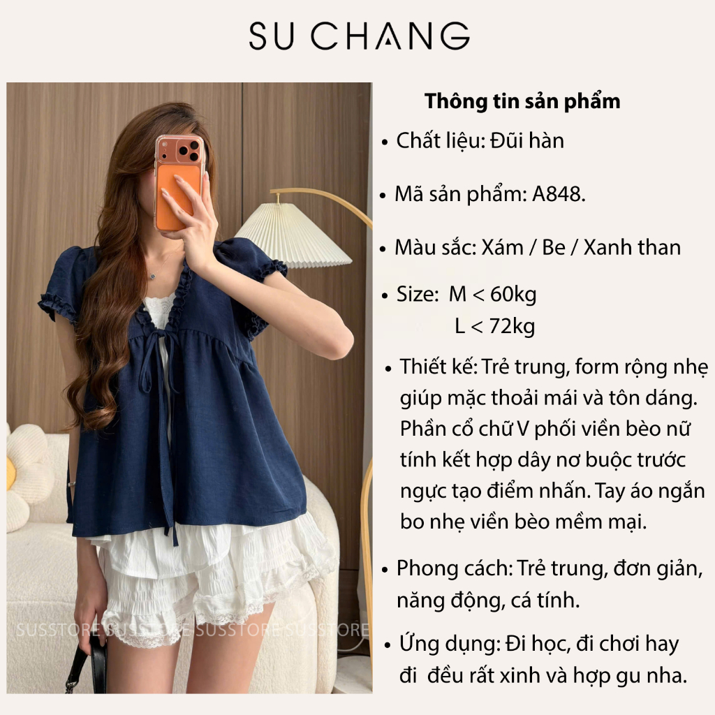 Áo Babydoll Viền Bèo Cộc Tay Nơ Ngực Phối Ren Boi Trắng Su Chang A848 Thời Trang Nữ | BigBuy360 - bigbuy360.vn