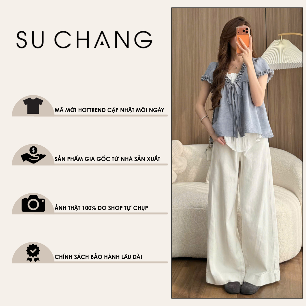 Áo Babydoll Viền Bèo Cộc Tay Nơ Ngực Phối Ren Boi Trắng Su Chang A848 Thời Trang Nữ | BigBuy360 - bigbuy360.vn