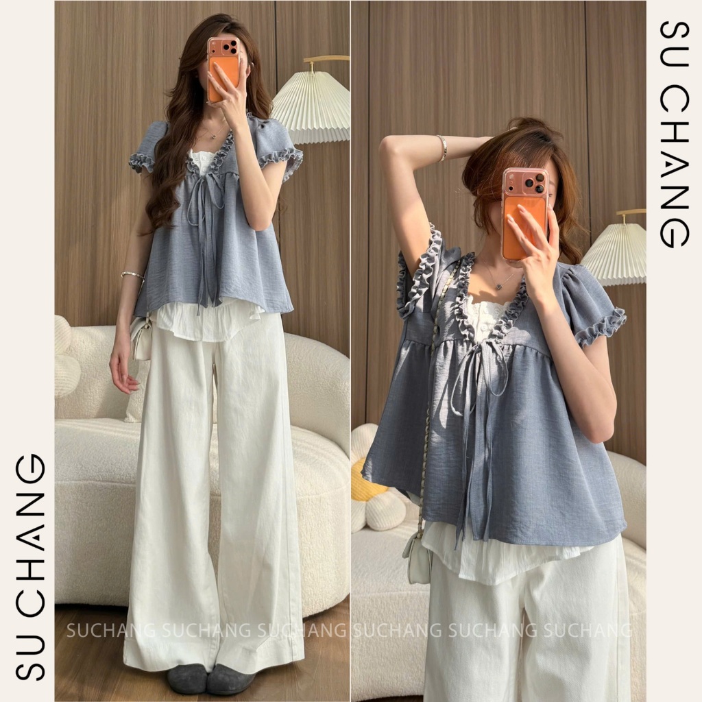 Áo Babydoll Viền Bèo Cộc Tay Nơ Ngực Phối Ren Boi Trắng Su Chang A848 Thời Trang Nữ | BigBuy360 - bigbuy360.vn