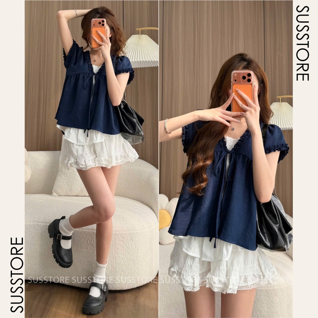 Áo Babydoll Viền Bèo Cộc Tay Nơ Ngực Phối Ren Boi Trắng Su Chang A848 Thời Trang Nữ | BigBuy360 - bigbuy360.vn