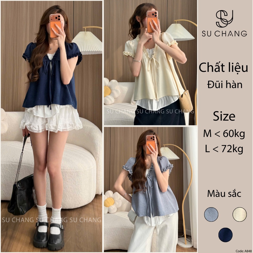 Áo Babydoll Viền Bèo Cộc Tay Nơ Ngực Phối Ren Boi Trắng Su Chang A848 Thời Trang Nữ | BigBuy360 - bigbuy360.vn