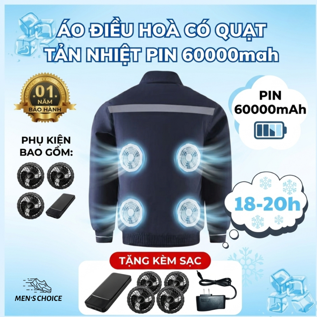 Áo Điều Hoà Có Quạt Tản Nhiệt Pin 60000mah, Áo Chống Nắng Nóng, Chống Tia UV, Làm Mát Cực Nhanh