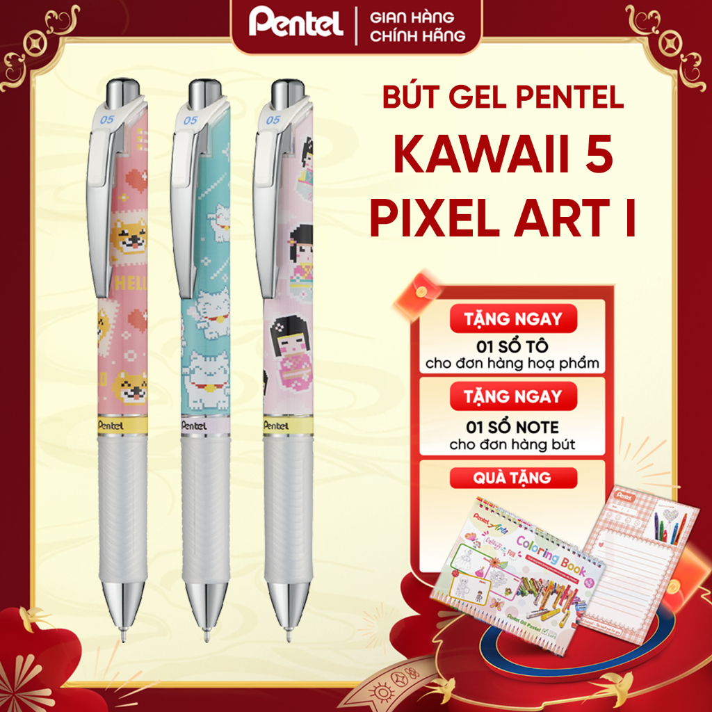 Bút Gel Bấm Pentel Energel Kawaii+ 5: Pixel Art Ngòi 0.5mm - BLN75KW