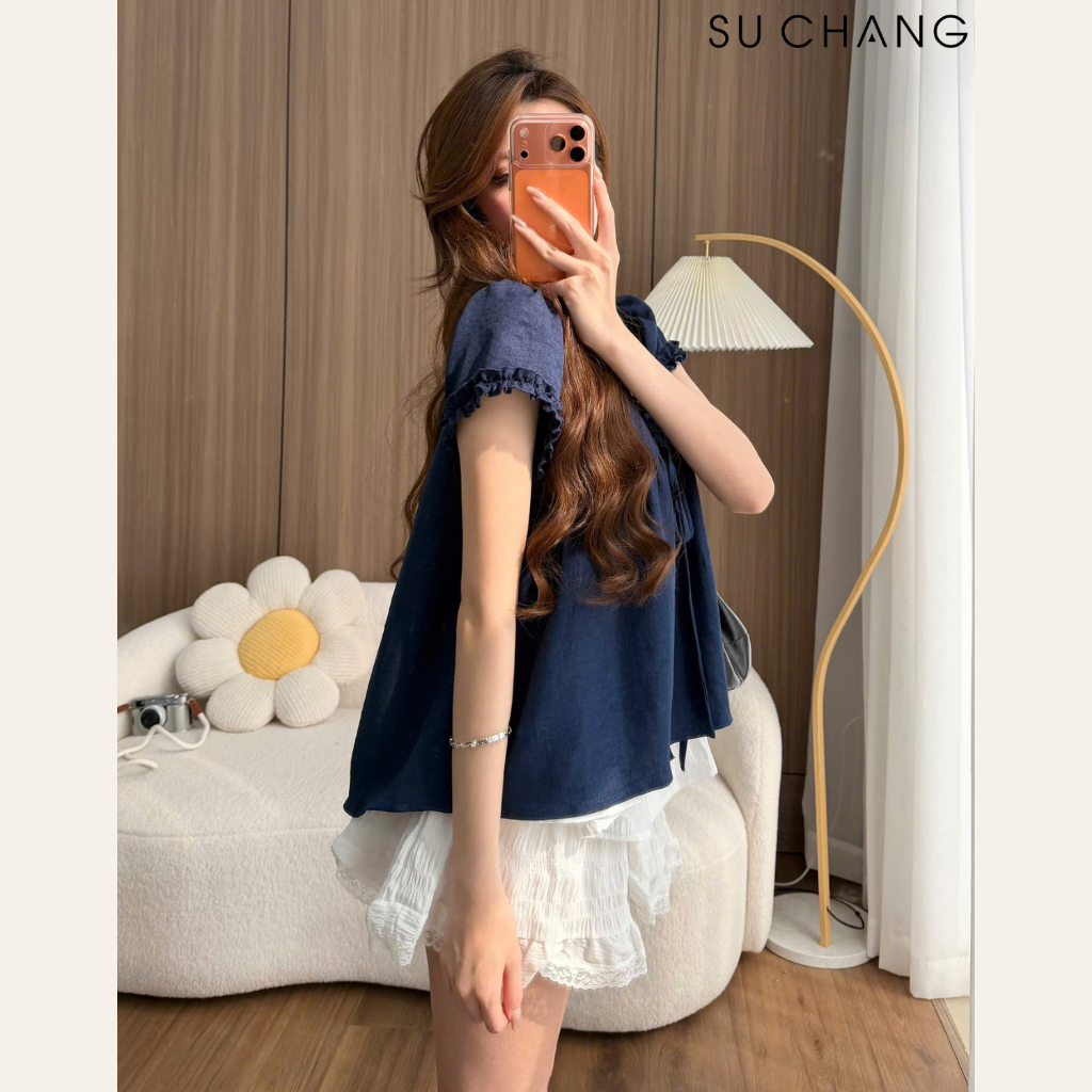 Áo Babydoll Viền Bèo Cộc Tay Nơ Ngực Phối Ren Boi Trắng Su Chang A848 Thời Trang Nữ | BigBuy360 - bigbuy360.vn