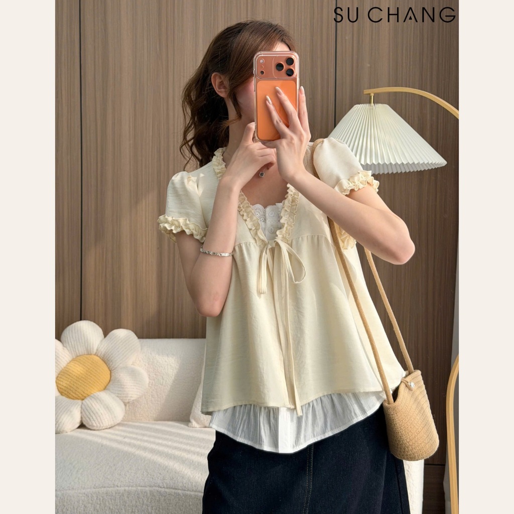 Áo Babydoll Viền Bèo Cộc Tay Nơ Ngực Phối Ren Boi Trắng Su Chang A848 Thời Trang Nữ | BigBuy360 - bigbuy360.vn