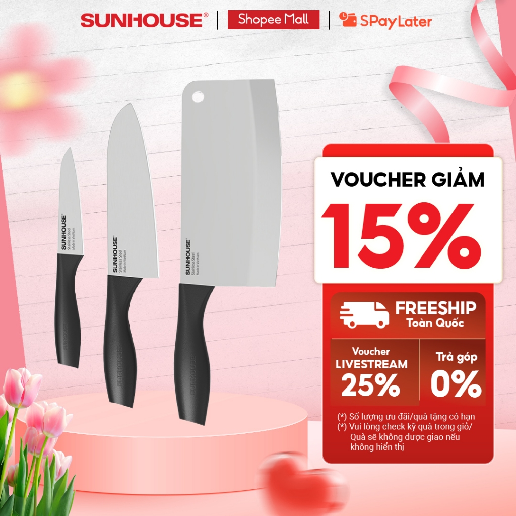 Bộ dao 3 chiếc Eco Family Sunhouse KS-KN3E1 - Lưỡi dao làm từ thép SUS420J2 không gỉ - Gồm 3 dao: chặt, gọt và làm bếp