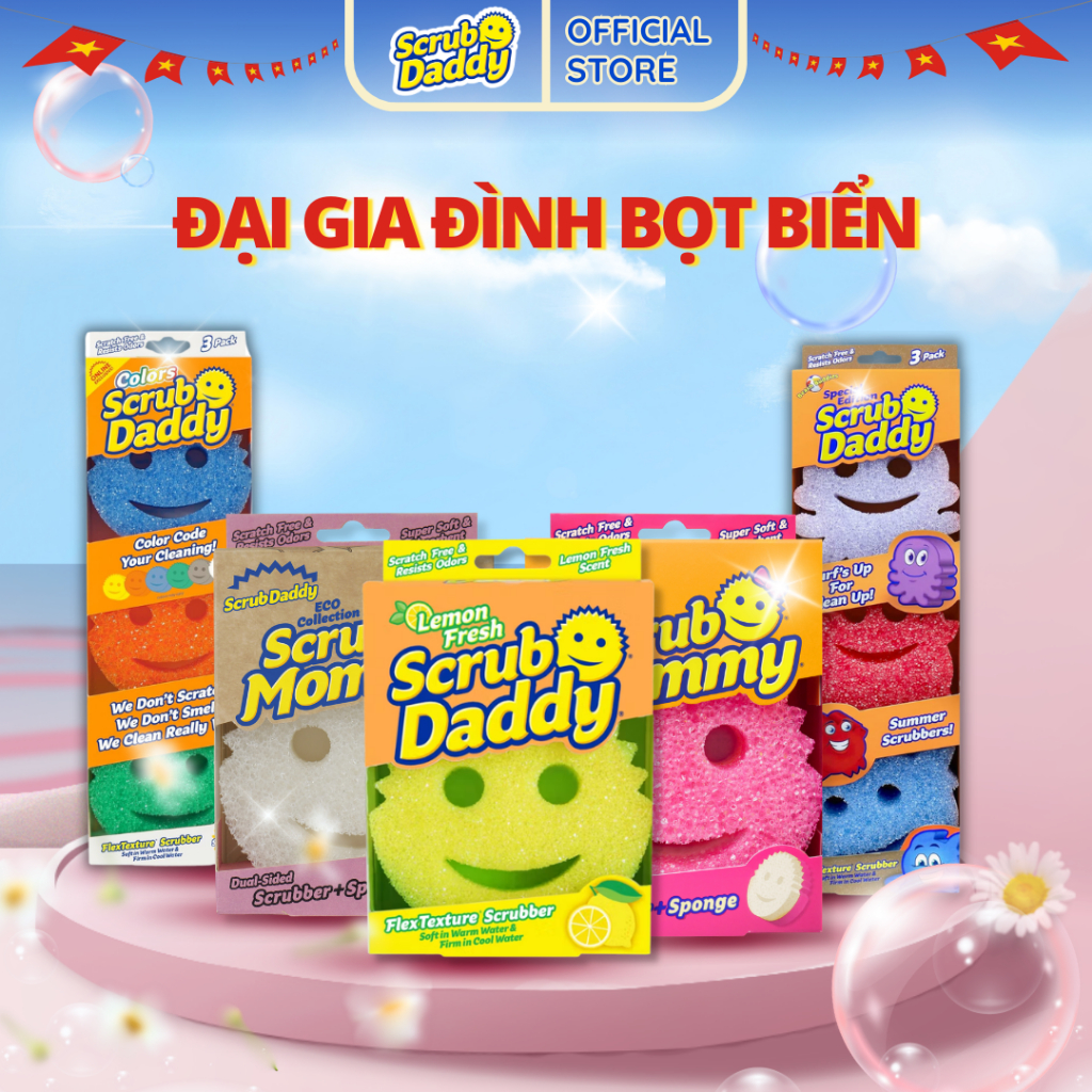 Bọt biển Scrub Daddy chính hãng Mỹ, miếng xốp lau chùi đa năng - an toàn - chống mùi - ngăn nắp