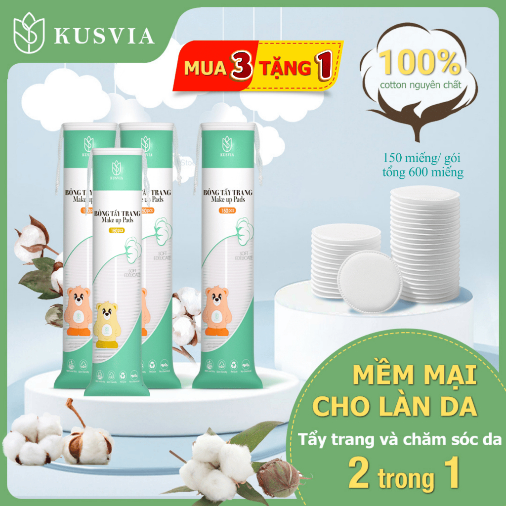 4 Gói Bông Tẩy Trang Kusvia 150 Miếng Mềm Mịn100% Cotton, Thấm Hút, Không Xơ, Dập Viền Đẹp Mọi Loại 